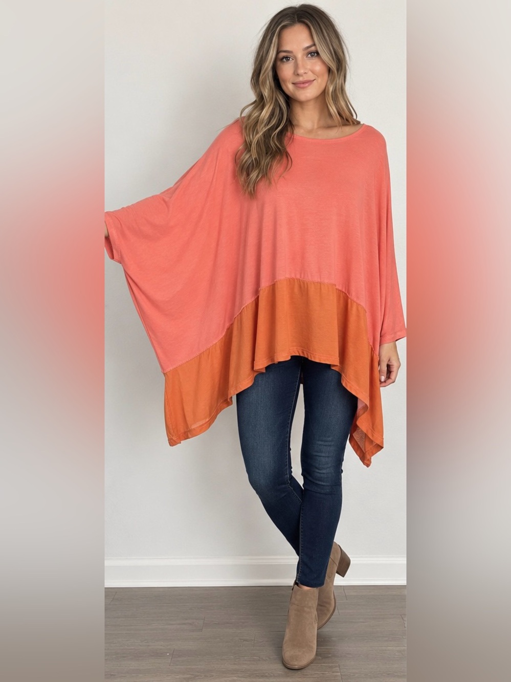 Two-Tone Colorblock Oversized Batwing Dolman sleeve Tunic Top- Coral & Orange